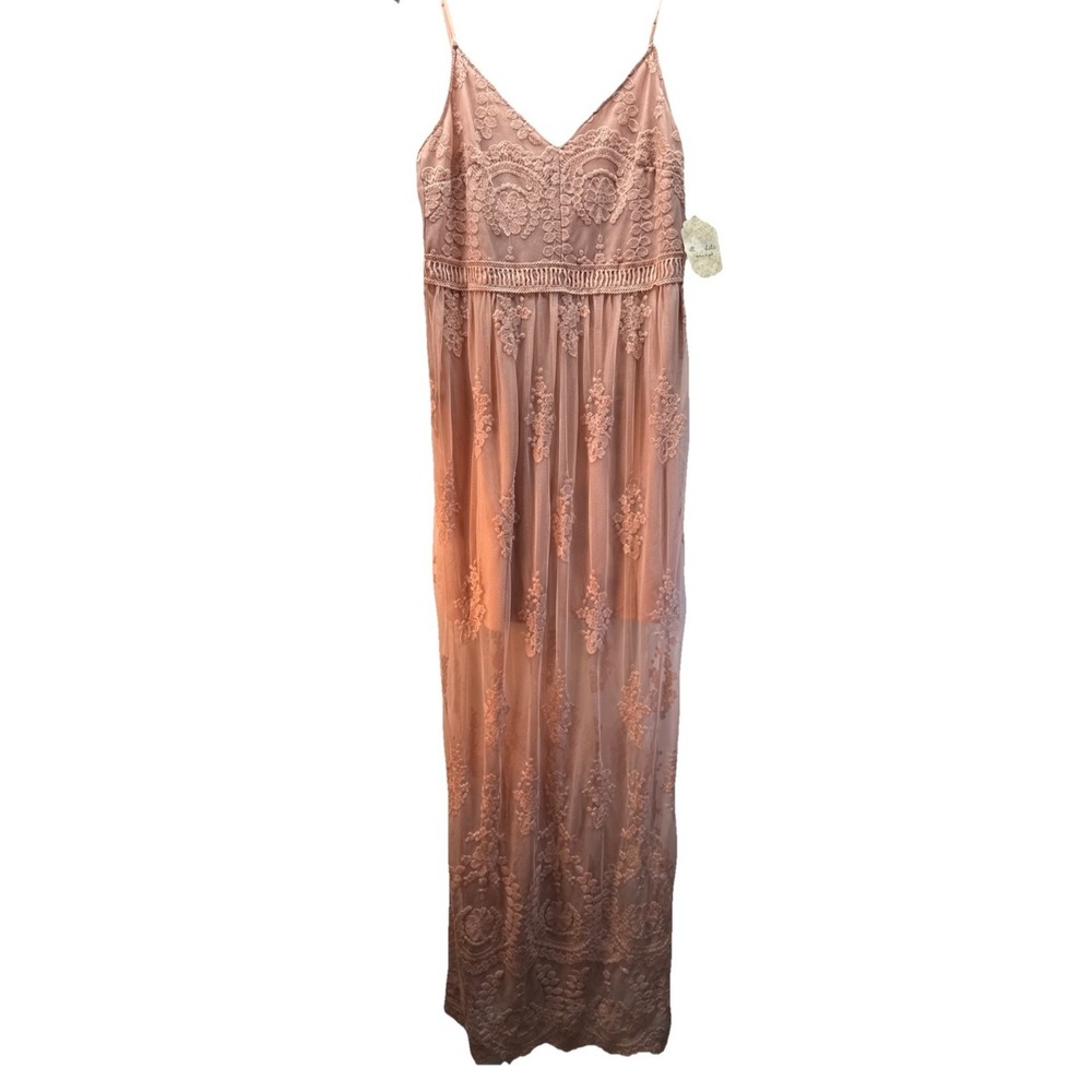 Altar'd State Women Maxi Dress Size L Blush Mesh Lace Slits Adj Strappy $129 NWT